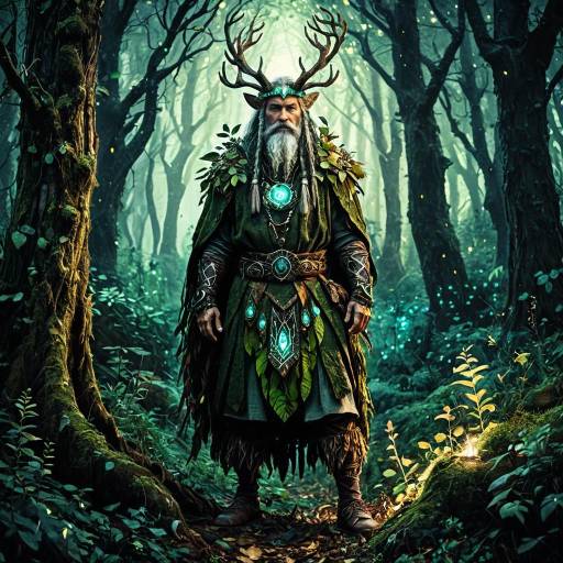 Mystical Druid in Enchanted Forest Landscape