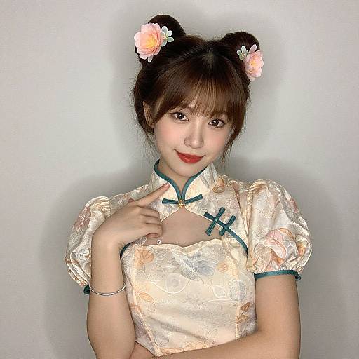 Photograph of an East Asian woman with fair skin, brown hair in double buns adorned with pink flowers, wearing a white floral embroidered cheongsam