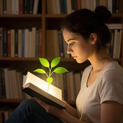 Photograph of a pensive woman with dark hair in a bun, wearing a white shirt, reading a book illuminated by a glowing plant on the page