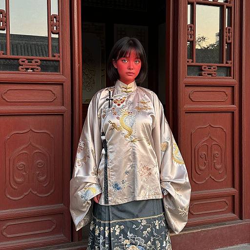 Photograph of an Asian woman with red face paint, wearing a silver silk kimono with intricate gold and blue patterns, standing in front of ornate