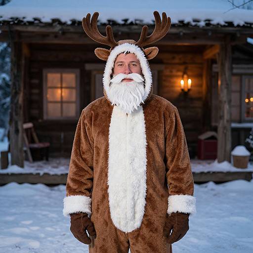 Photograph of a man in a brown reindeer costume with white fur trim, antlers, and beard, standing in front of a wooden cabin in