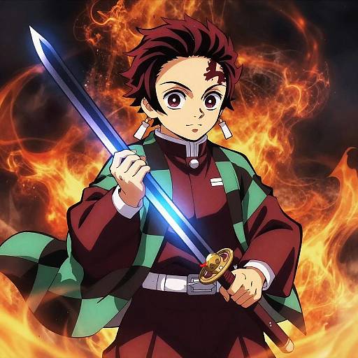 Anime-style drawing of a red-haired male warrior with a blue glowing sword, surrounded by orange flames, wearing a green-checkered cape.