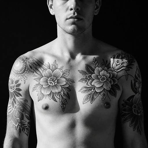 Black-and-white photograph of a shirtless man with detailed floral tattoos covering his chest and upper arms, set against a dark background.