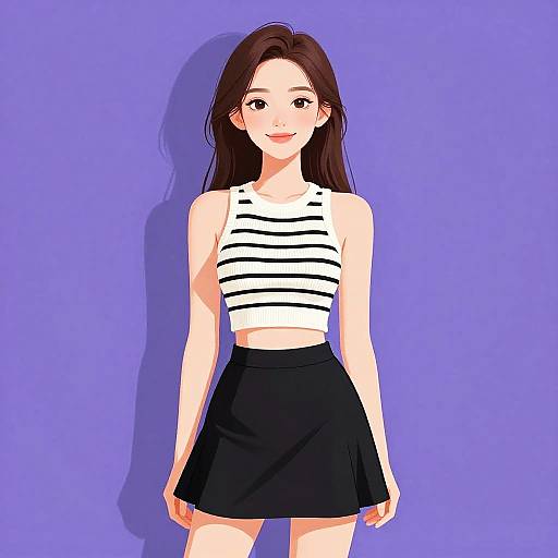 Anime-style digital illustration of a young woman with long brown hair, wearing a white striped crop top and black skirt, standing against a solid purple background.