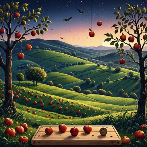 Twilight Hillscape with Apple Trees and Wooden Buttons Twilight Hillscape with Apple Trees and Wooden Buttons