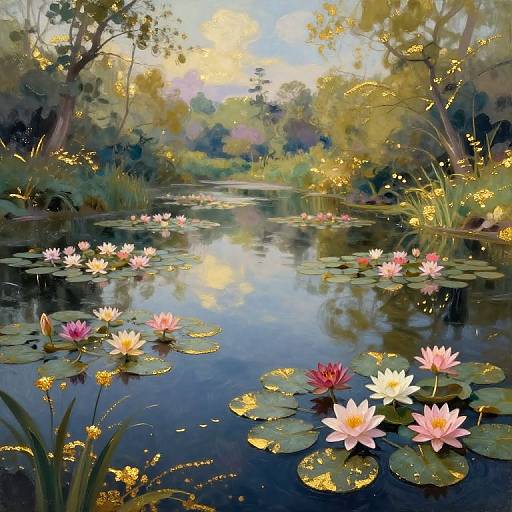 Impressionistic Gold-Leaf Water Landscape