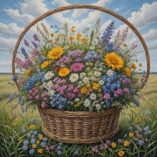 Basket of Colorful Flowers with Blue Ribbon