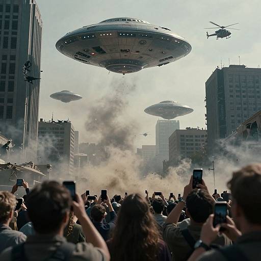 Photograph of a crowded city street with UFOs flying overhead, smoke rising, and a helicopter in the sky, people taking photos.