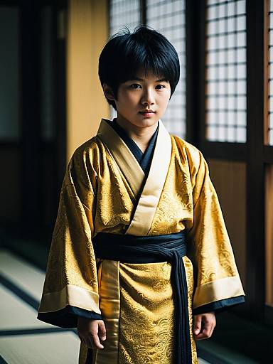Young Asian Boy in Gold Kimono