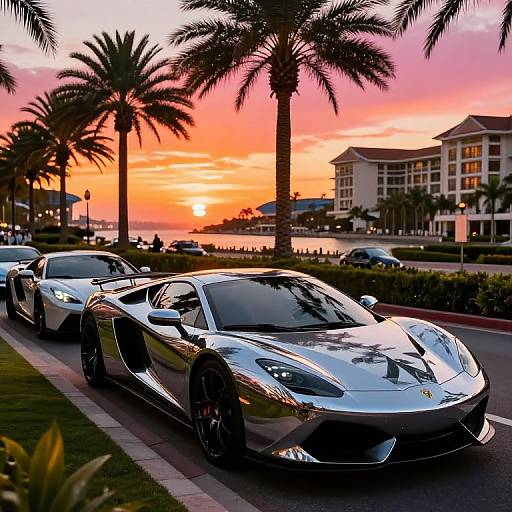 Photograph of a shiny silver Ferrari parked on a coastal street at sunset, with palm trees, orange sky, and beachfront buildings.