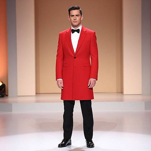 Photograph of a serious man in a bright red suit jacket, black bow tie, white shirt, black pants, and black shoes, standing on a