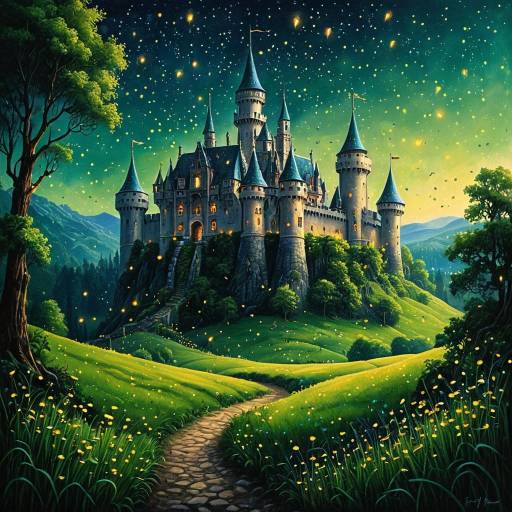 Twinkling Fireflies at a Fairy Tale Castle