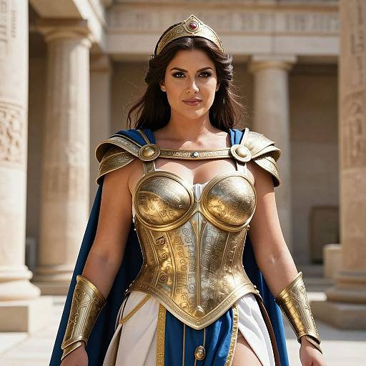 Digital art of a strong, dark-haired woman in golden Roman-style armor with a blue and white cape, standing in a sunlit ancient temple.