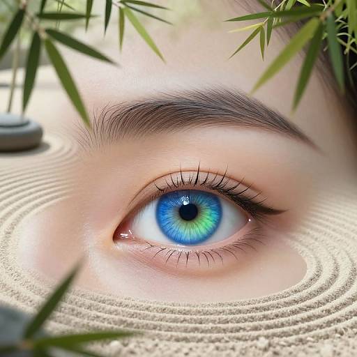 Close-up photograph of a striking blue and green iris with black lashes, surrounded by sand ripples and bamboo leaves.