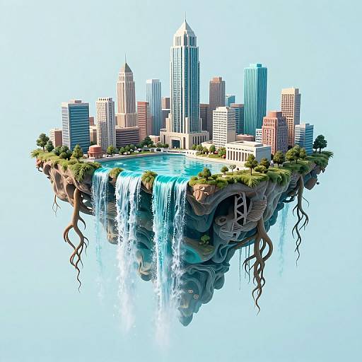 Digital illustration of a floating cityscape with skyscrapers, lush greenery, a blue lake, and cascading waterfalls against a clear sky background