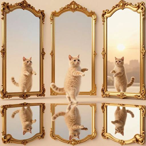 Photograph of a fluffy, light gray kitten mid-leap, reflected in six ornate, golden-framed mirrors against a soft, warm-toned