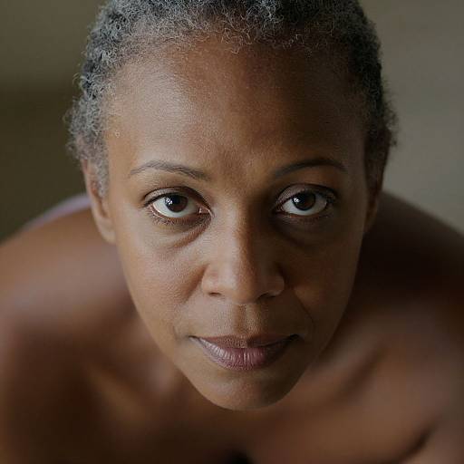 Close-up photograph of a topless, dark-skinned Black woman with short, curly gray hair, looking directly at the camera with a subtle, focused