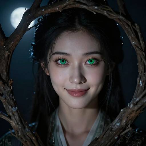 Photorealistic digital portrait of a young Asian woman with striking green eyes, fair skin, and dark hair, framed by a circular branch, set against