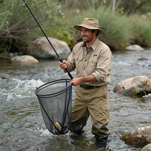 Smiling Fisherman Wading Through River