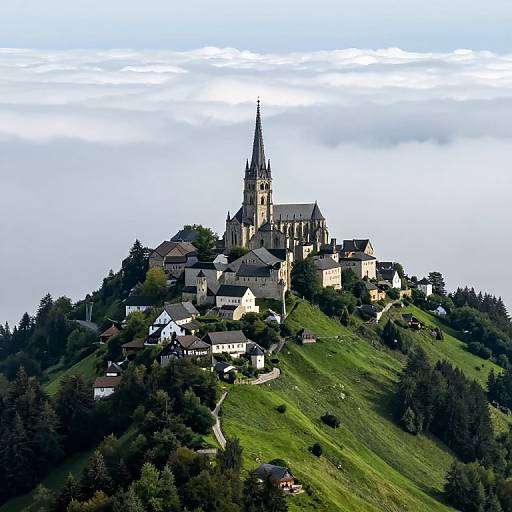 Photograph of a picturesque European village atop a green hill, featuring a tall, Gothic-style church with a pointed steeple, surrounded by quaint houses