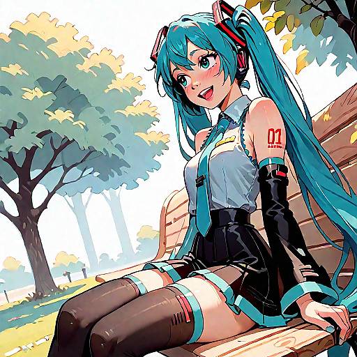Digital anime-style drawing of Hatsune Miku with teal twin-tails, black and turquoise outfit, sitting on a park bench with trees.