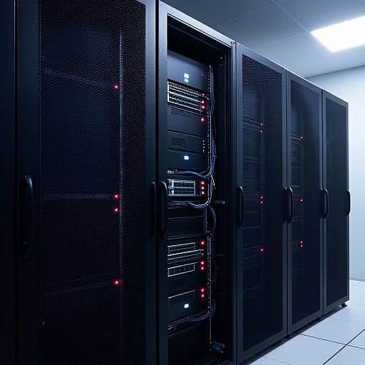 Photograph of a row of black, perforated server racks with illuminated red and blue lights, set in a bright, white-tiled room.