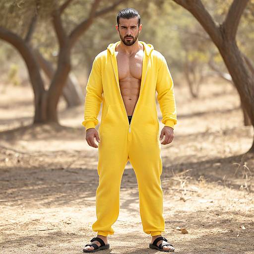 Muscular man with dark hair and beard, wearing an unzipped bright yellow jumpsuit, revealing a chiseled chest, stands confidently in a