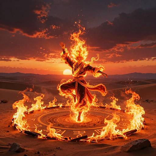 Photograph of a fiery, humanoid figure standing in a blazing circle of fire, set against a dramatic, colorful sunset sky over a desert landscape.