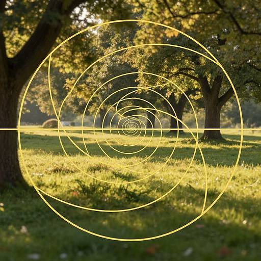 Photograph of a sunlit forest with large trees, green grass, and yellow circular light trails creating a hypnotic spiral effect.