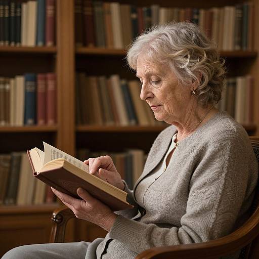 Photograph of an elderly woman with short, curly grey hair, wearing a grey cardigan, reading a book in a dimly lit, wooden book