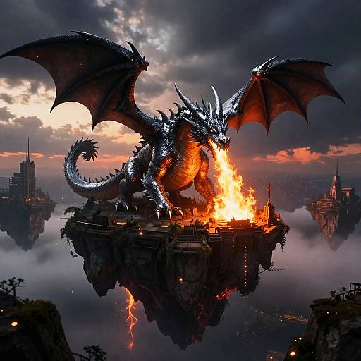 Dragon of Silver Fire Over Floating City