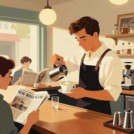 Mid-century Barista Pouring Latte Art