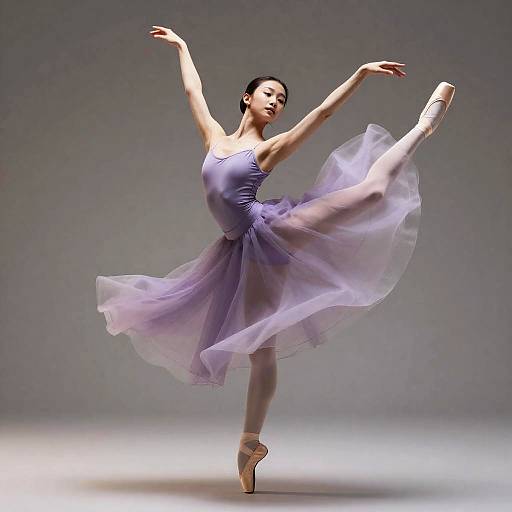 Photograph of a graceful ballet dancer in a flowing, lavender tutu, balancing on pointe, arms elegantly arched, against a soft gray