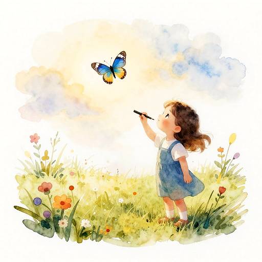 Whimsical Girl Painting Butterflies at Golden Hour