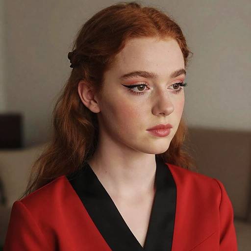 Photograph of a fair-skinned, red-haired woman with freckles, wearing a red and black V-neck top, looking down with subtle pink