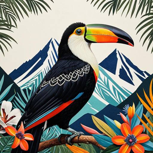 Colorful Toucan with Mountain and Floral Background