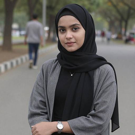 Photograph of a young woman with medium brown skin, black hijab, and gray-patterned cardigan, standing on a tree-lined street, wearing