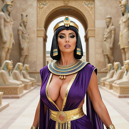 Digital art of a voluptuous, dark-haired woman with large breasts, wearing an ancient Egyptian-style purple dress and gold accessories, standing in a temple with