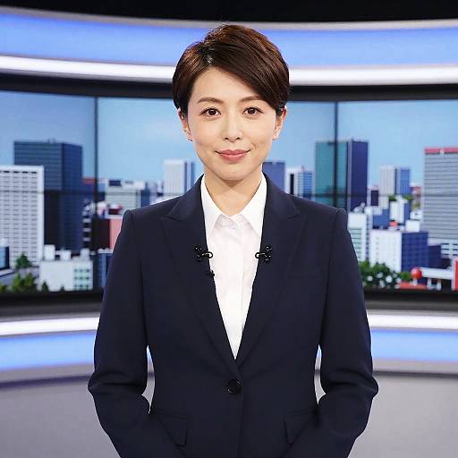 Photograph of an Asian woman with short brown hair, wearing a black blazer over a white shirt, standing in front of a cityscape background on