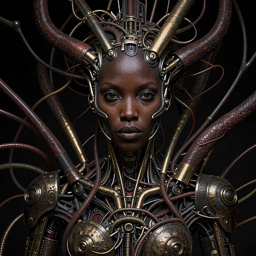 Photorealistic digital artwork of a dark-skinned woman with metallic, robotic headgear, surrounded by intricate, golden-brown wires and gears, against