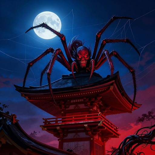 Digital art of a terrifying spider with glowing red eyes perched on a traditional Japanese shrine under a full moon. Blue and red hues enhance the spooky atmosphere