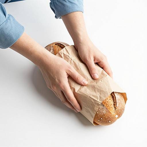 Hands Wrapping Bread in Brown Paper