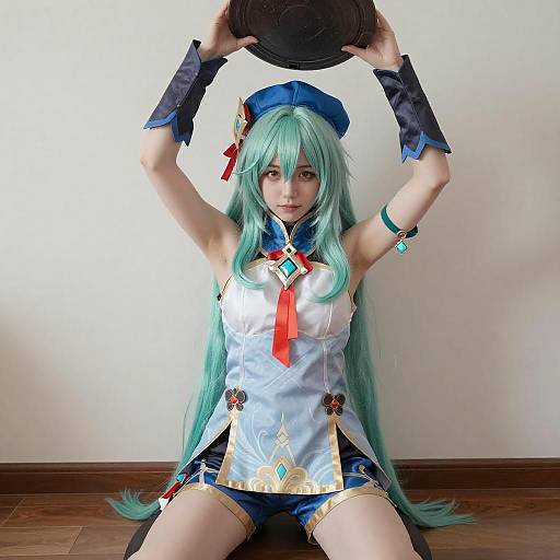Mint-Green Haired Cosplayer Kneeling