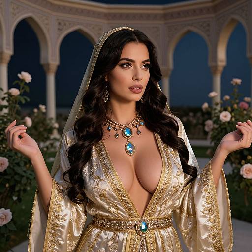 Photograph-style digital image of a beautiful Middle Eastern woman with long black hair, large breasts, wearing a gold-embroidered, deep V-neck