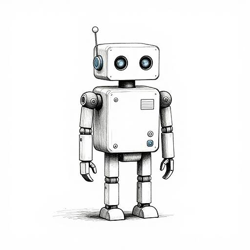 Black-and-white, pencil-drawn, cartoon-style robot with square head, round eyes, antenna, and simple joints, standing on white background.