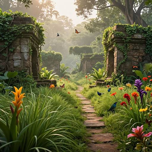 Misty Jungle Clearing with Ruins