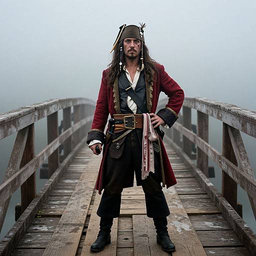 Photograph of a bearded man dressed as a pirate, standing confidently on a weathered wooden bridge, foggy background, red coat, black pants