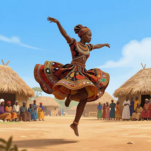 Photograph of a joyful, dark-skinned African woman in colorful, patterned dress and headwrap, mid-jump, against a sunny village backdrop
