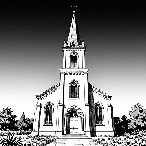 Black-and-white digital drawing of a Gothic-style church with a tall spire, arched windows, and cross on the roof, set against a gradient