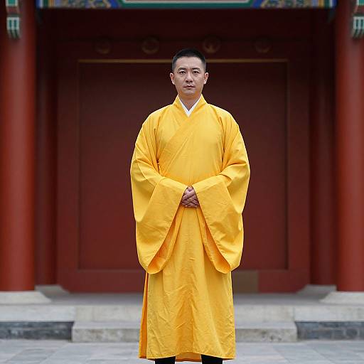 Man in Yellow Robe by Red Building